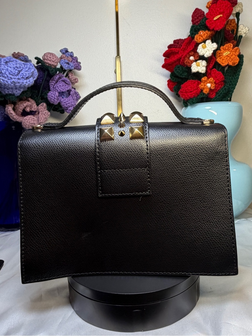 Valentino Black Leather Satchel with Gold Stud Detailing EUC with COA - Picture 3 of 10
